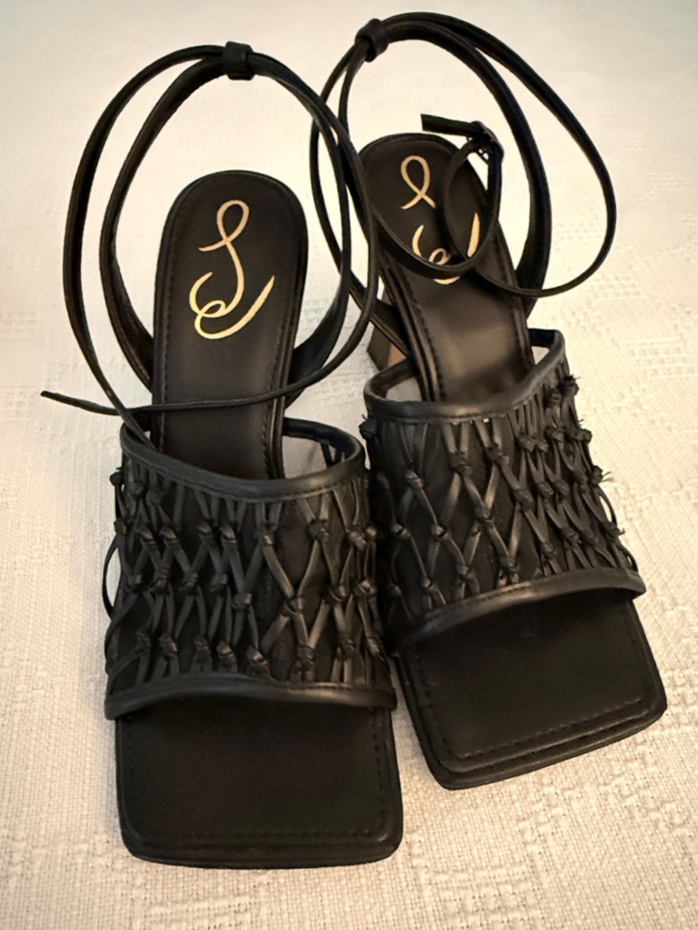 Women's Black Woven Ankle-Tie Sandals